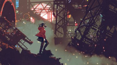 fütüristik maskesi ayakta cyberpunk şehir, dijital sanat tarzı, resim illüstrasyon kadın