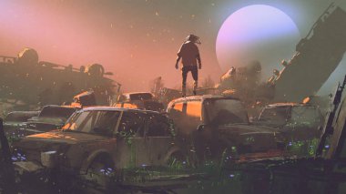 man standing on roof of abandoned car in vehicle graveyard at sunset, digital art style, illustration painting