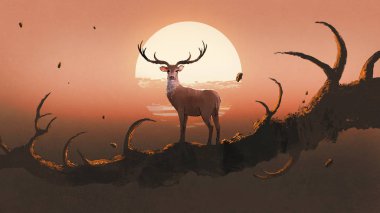 bir hayvanın boynuz günbatımı gökyüzü, dijital sanat tarzı, resim illüstrasyon karşı benzer dev bir dal üzerinde geyik duran