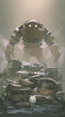 batık araçların seyir çocuk aşağıda, dijital sanat tarzı, illüstrasyon resim yığını arkasında dev robot