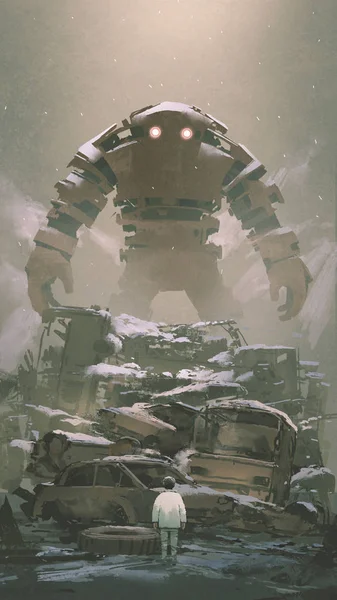 Robô Gigante Por Trás Pilha Carros Naufragados Olhando Para Menino — Fotografia de Stock
