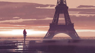 Paris, Eyfel Kulesi arayan sabah erken, dijital sanat tarzı, resim illüstrasyon kadın tek başına