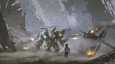 scene of the boy looking at the damaged robot who protected him from the war, digital art style, illustration painting clipart