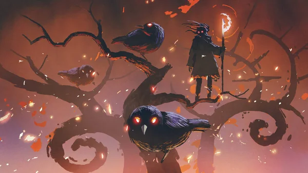 站在奇数树上的黑鸟巫师 数码艺术风格 插画绘画 — 图库照片