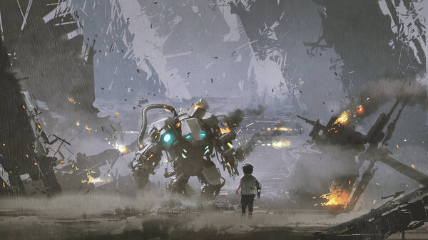 scene of the boy looking at the damaged robot who protected him from the war, digital art style, illustration painting