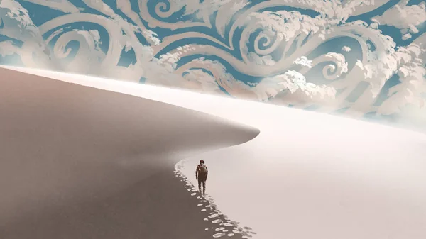 Space Traveller Walking Sand Dunes White Desert Horizon Fantasy Clouds — Stock Photo, Image