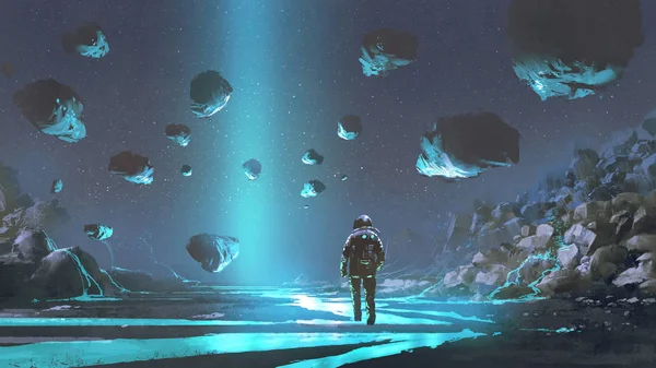 astronot turkuaz gezegen mavi parlayan ile mineraller, dijital sanat tarzı, resim illüstrasyon