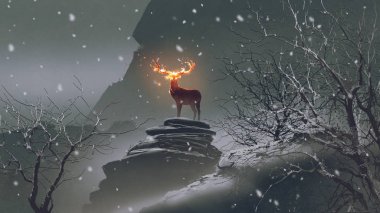 Kış manzarası, dijital sanat tarzı, resim illüstrasyon buzlu ayakta onun yangın boynuzlu geyik
