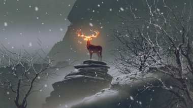 the deer with its fire horns standing on rocks in winter landscape, digital art style, illustration painting clipart