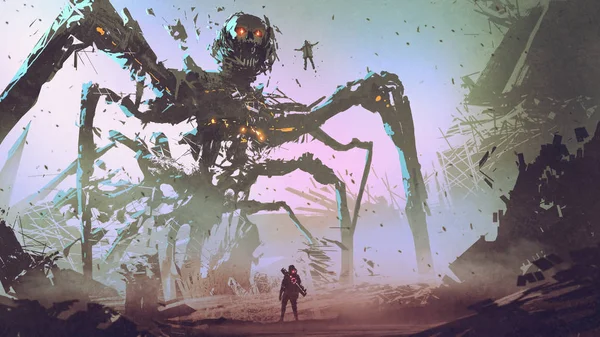 Άνδρας Που Αντιμετωπίζει Γιγαντιαία Αράχνη Ρομπότ Ψηφιακή Τέχνη Στυλ Εικονογράφηση — Φωτογραφία Αρχείου