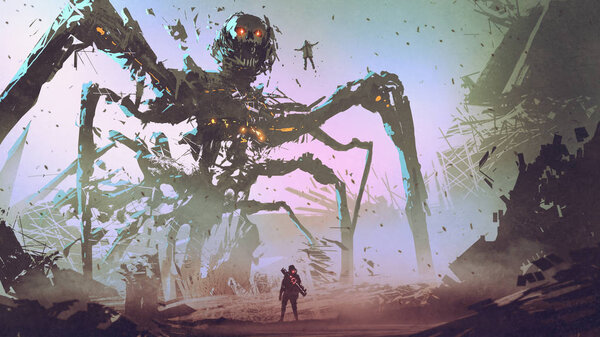 The man facing the giant spider robot, digital art style, illustration painting