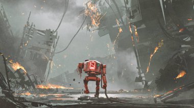 düşük pil harap şehir, dijital sanat tarzı, resim illüstrasyon yürüme ile kırık robot