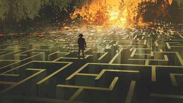 Destroyed Maze Concept Showing Man Standing Burnt Labyrinth Land Digital — Stock Photo, Image