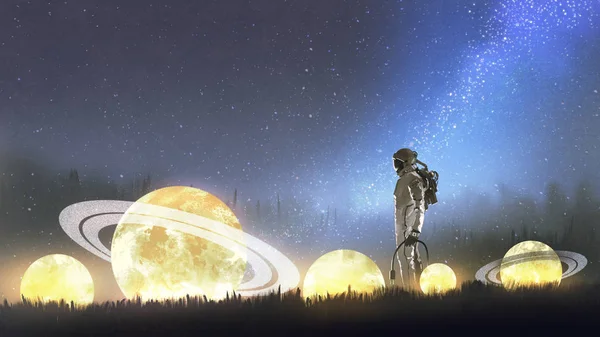 Yıldızlara Bakarak Çimen Dijital Sanat Tarzı Resim Illüstrasyon Astronot — Stok fotoğraf