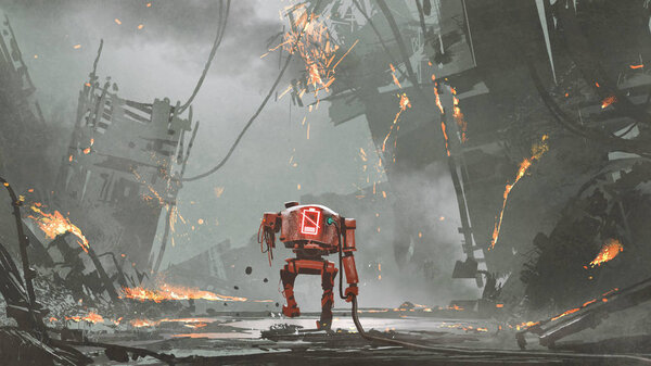 сломанный робот с низкой батареей ходьба в разрушенном городе, стиль цифрового искусства, иллюстрации живописи
