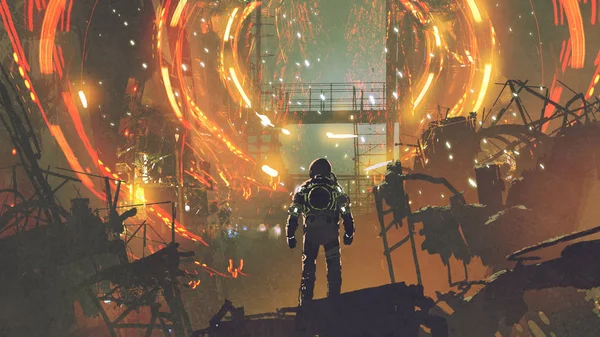 Escena Ciencia Ficción Del Astronauta Mirando Portal Futurista Estilo Arte — Foto de Stock