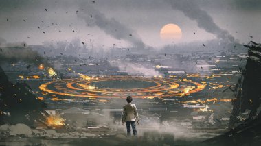 post apocalypse scene showing the man standing in ruined city and looking at mysterious circle on the ground, digital art style, illustration painting clipart