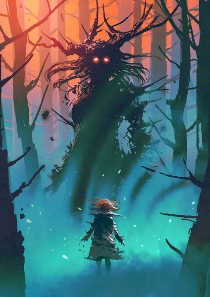 Bambina Strega Che Guardano Una Foresta Arte Digitale Illustrazione Pittura — Foto Stock