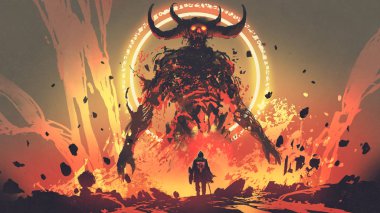 knight with a sword facing the lava demon in hell, digital art style, illustration painting clipart