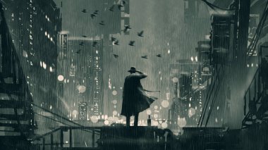 kafasına bir silah tutan ve çatı üstte duran yağmurlu gece, dijital sanat tarzı, resim illüstrasyon Dedektif gösterilen film noir kavramı