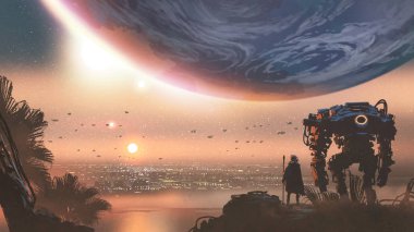bir adam yabancı gezegenin, dijital sanat tarzı, boya resimde yeni bir koloni bakarak robot ile gösterilen yolculuk kavramı