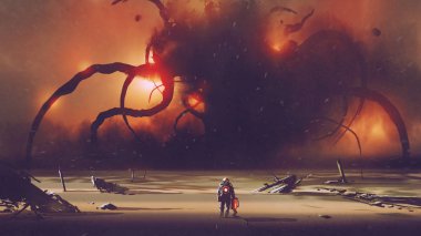 astronot ufuk, dijital sanat tarzı, resim illüstrasyon dev canavar bir teknik cihaz başlığa ile