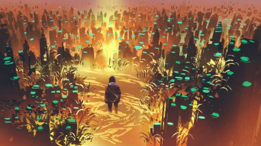 garip bitkiler, dijital sanat tarzı, boyama çizim büyülü bataklıkta bir adam toplayan