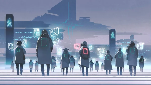 Futuristic Concept Showing Crowd People Walking City Street Digital Art — Stock Photo, Image