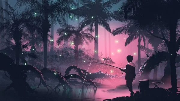 男孩在沼泽捕鱼在热带森林与发光的蝴蝶 数字艺术风格 — 图库照片