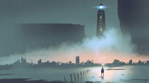 night scenery of the big lighthouse in futuristic world, digital art style, illustration painting