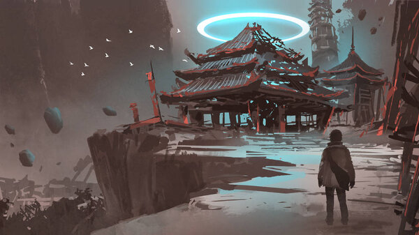 ночной пейзаж, показывающий человека, смотрящего на потерянный храм, стиль цифрового искусства, иллюстрации живописи
