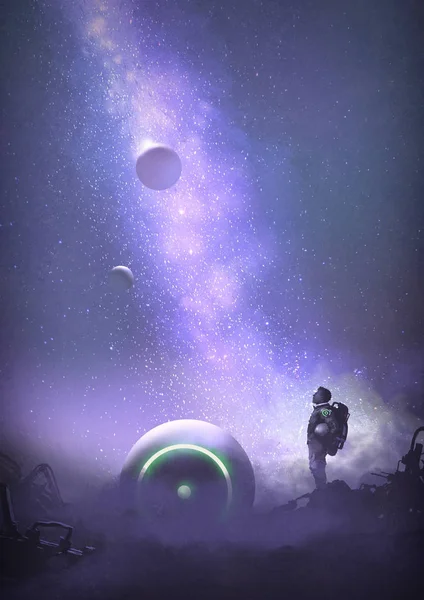 Astronaut Övergiven Planet Tittar Upp Stjärnhimlen Digital Konststil Illustration Målning — Stockfoto