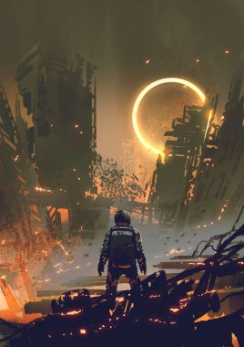 yanmış bir şehirde ayakta ve karanlık gökyüzü, dijital sanat tarzı, boya resimde sarı parlak ringde bakarak astronot