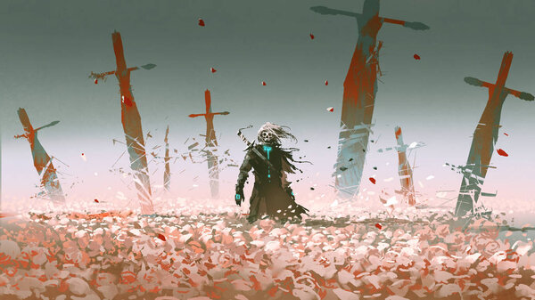 Death knight standing alone in the rose field with big broken swords stuck into the ground, digital art style, illustration painting