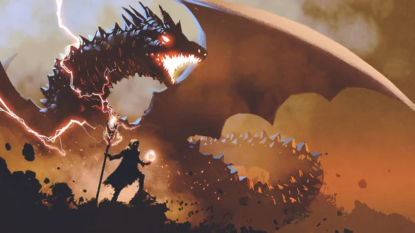 ドラゴン デジタル アートのスタイル イラスト絵を召喚魔法の杖と魔術師 — ストック写真