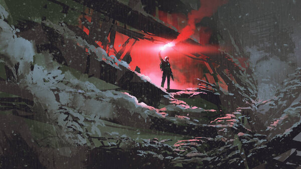 Apocalypse world concept showing the man holding a red smoke flare in the destroyed building, digital art style, illustration painting