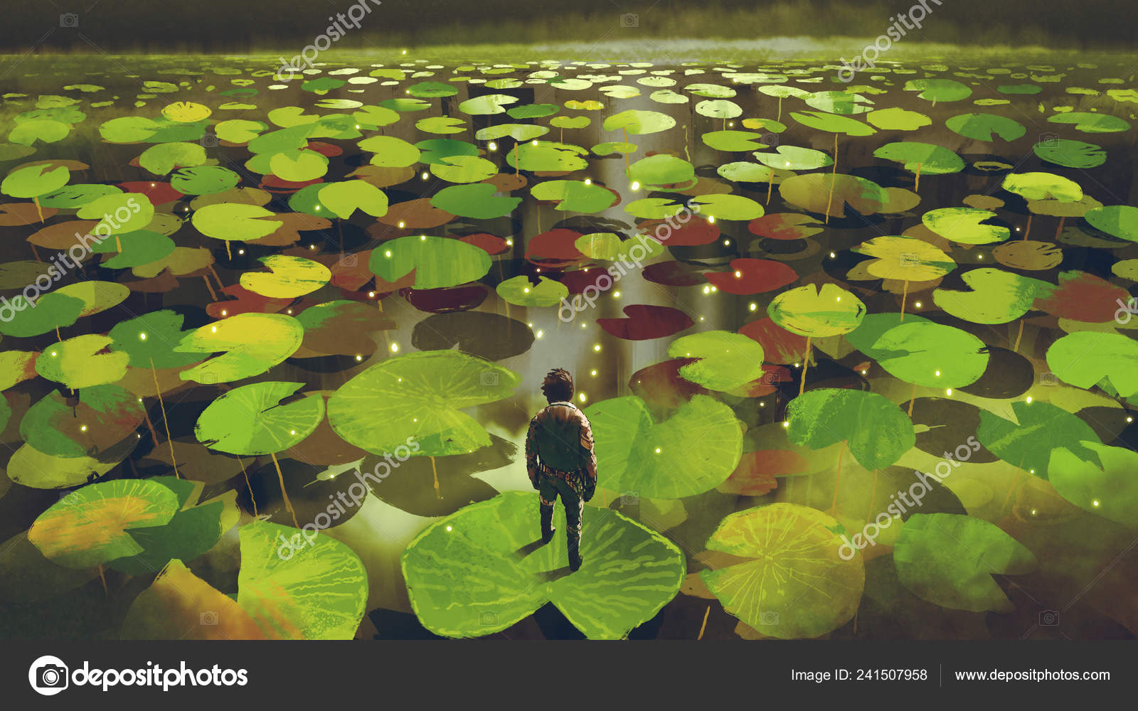 Young Man Giant Lily Pad Leaf Fantasy Swamp Digital Art Stock Photo C Grandfailure