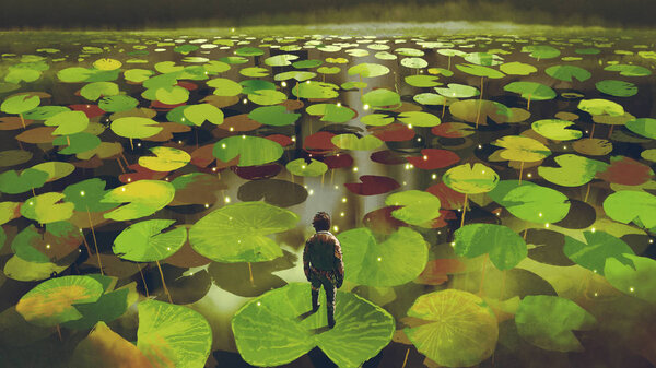 Young Man Giant Lily Pad Leaf Fantasy Swamp Digital Art — Stock Photo, Image