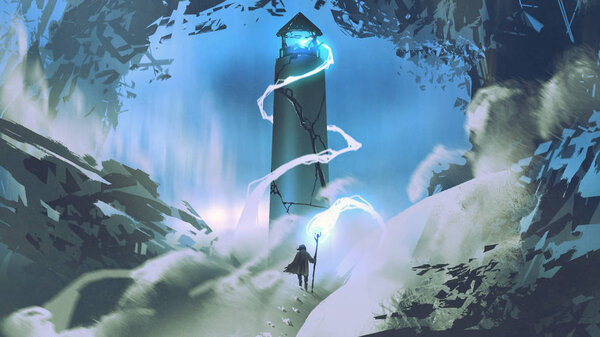 the man with wizard staff lighting the lighthouse with his magic, digital art style, illustration painting