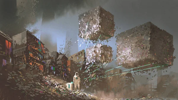 Mann Biohazard Anzügen Sammelt Müll Mit High Tech Gerät Slum — Stockfoto