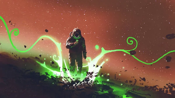 Spaceman Tittar Mystiska Växter Med Grönt Ljus Digital Konststil Illustration — Stockfoto