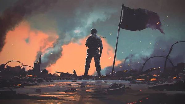 Солдат Стоящий Один После Войны Поле Боя Стиль Цифрового Искусства — стоковое фото