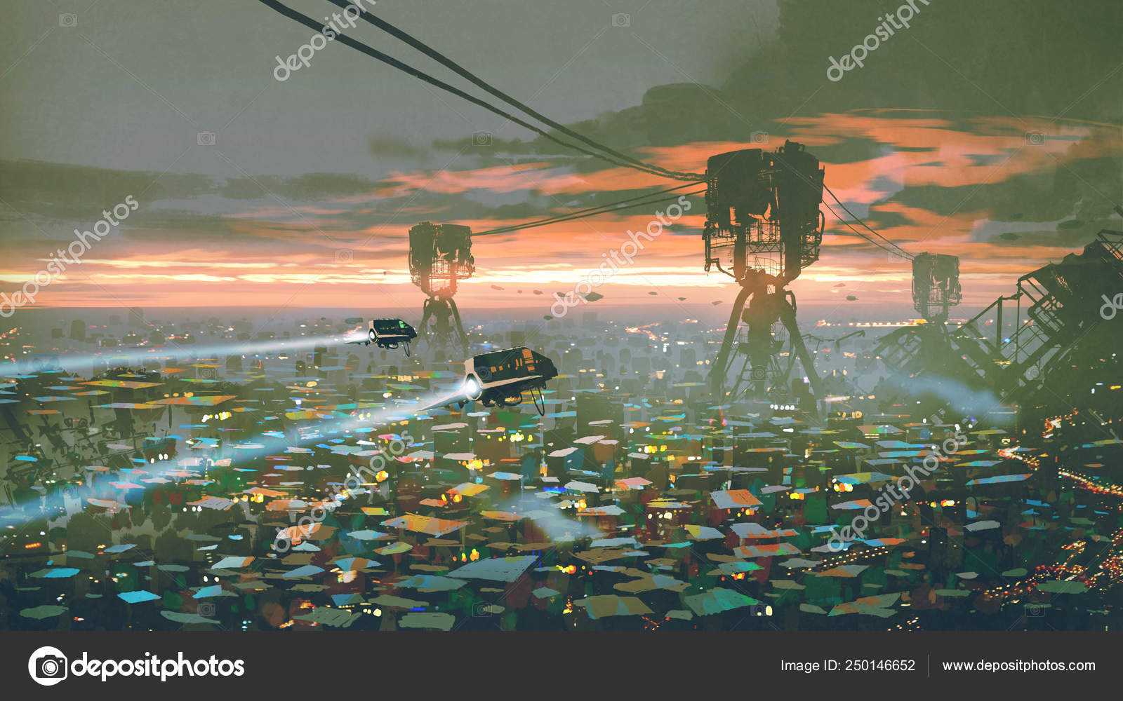 未来の世界をデジタル アートのスタイル イラスト絵画でスラム街