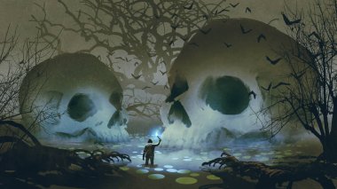 man with a magic torch walking in the haunted swamp, digital art style, illustration painting clipart