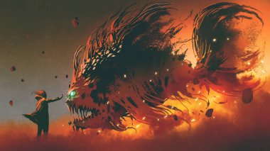 Sihirbazı çağırma dev balık yaratık ateş büyü, dijital sanat tarzı, boyama çizim ile