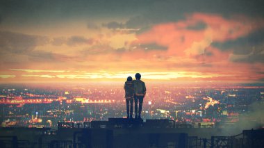 young couple standing on the roof top looking at cityscape at sunset, digital art style, illustration painting clipart