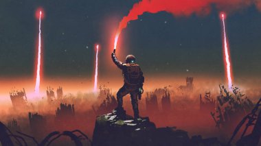 man holds a red smoke flare up in the air and standing against the apocalypse world, digital art style, illustration painting clipart