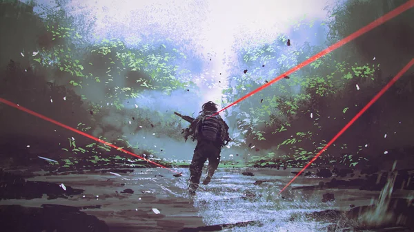 敵の攻撃から逃げていく兵士 デジタルアートスタイル イラストレーション画 — ストック写真