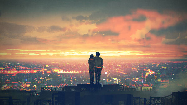 Young Couple Standing Roof Top Looking Cityscape Sunset Digital Art Royalty Free Stock Photos