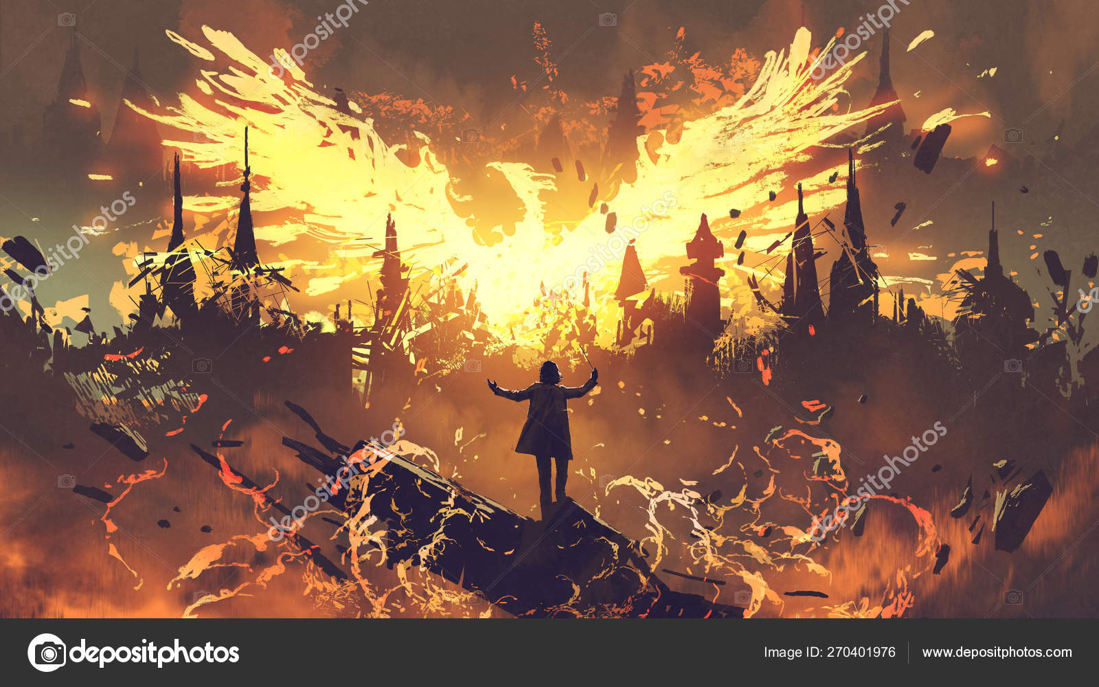 Herunterladen - Zauberer, der den Phönix aus der Hölle beschwört, digitaler Kunststil, Illustrationsmalerei — Stockbild Zauberer Der Den Phönix Aus Der Hölle Beschwört Digitaler Kunststil — Stockfoto